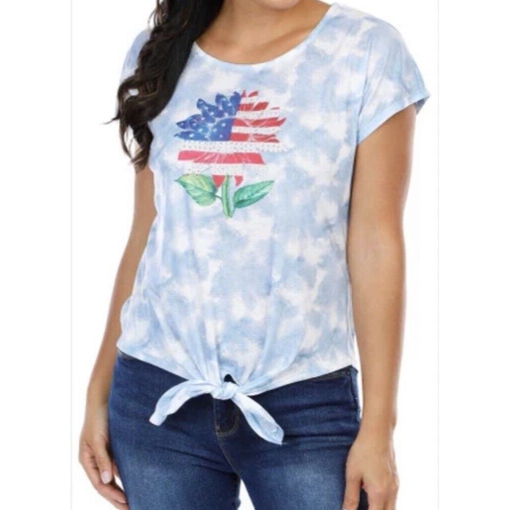 NWT One World Embellished Sunflower Flag Short Sleeved Tie Front Patriotic Tee S